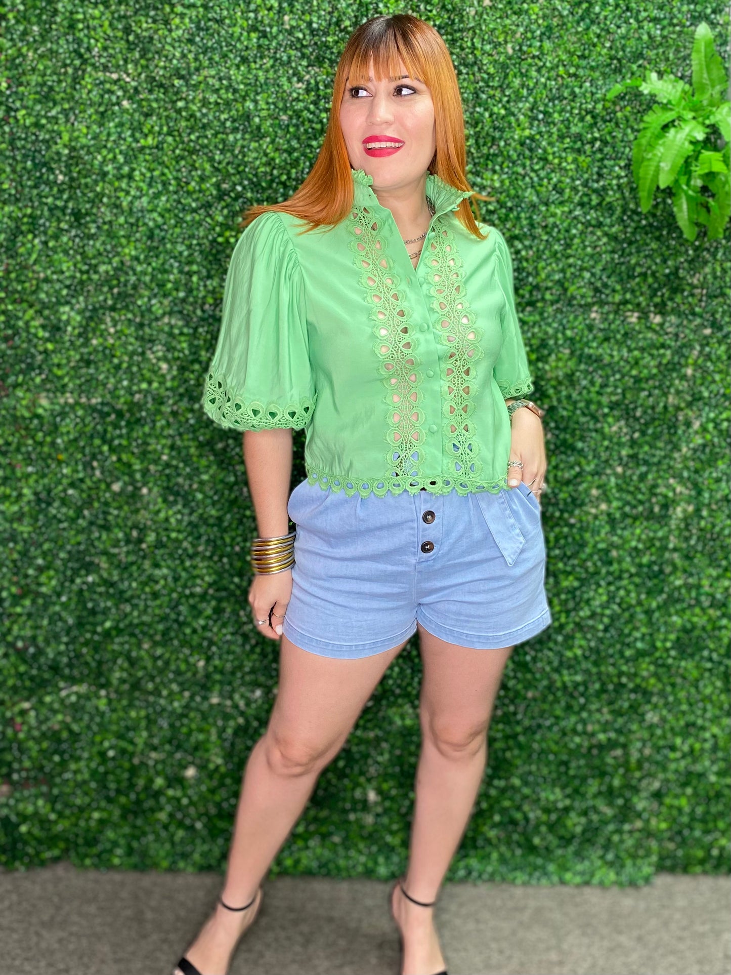 Green Puffed Sleeve Blouse